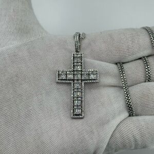 925 Sterling Silver White Gold Dipped Iced Cross Pendant CZ Baguette Approx 10g